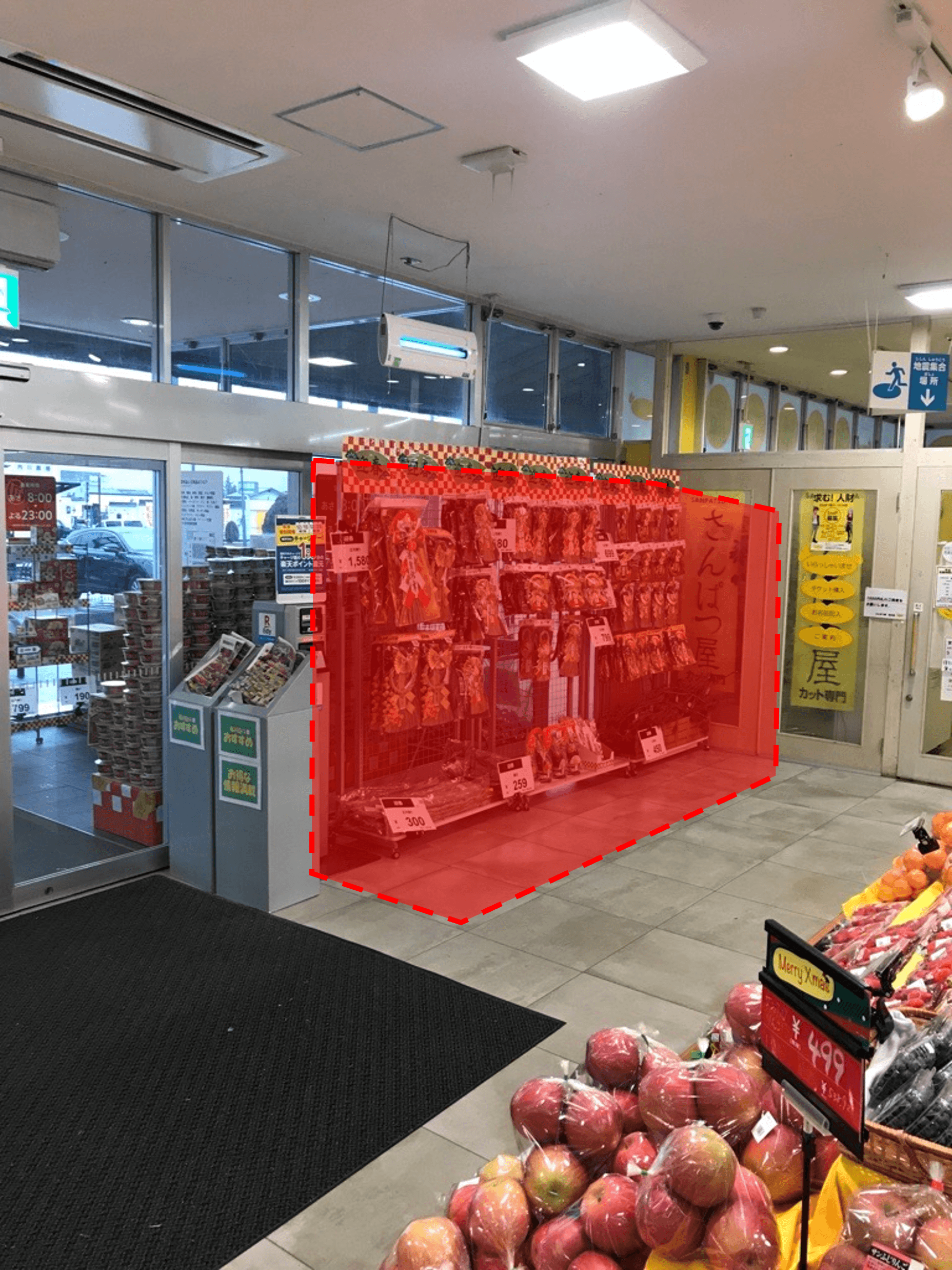 店内入口横(青果売場前) プロモーション用途や物販、食物販のポップアップストアに最適なスーパー店内催事イベントスペース